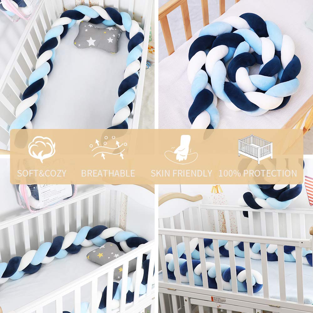 Lion Paw Crib Bed Bumper Pillow Cushion 78.7in Crib Sides Protector Infant Cot Rails Newborn Gift Knotted Braided Plush Nursery Cradle Decor (White-Blue-Dark Blue 78.7in) : Baby