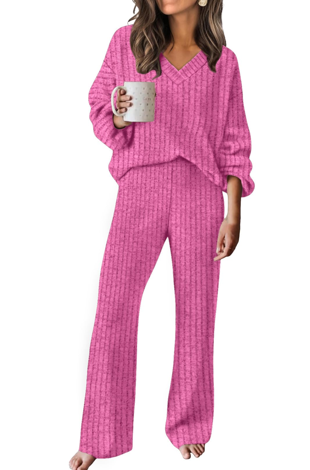 RUMIA Two Piece Sets for Women Loose Fit Fall Outfits Casual Sweater Lounge Sets Going Out Airport Outfits Fuchsia M Image