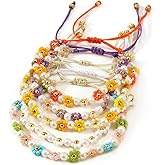 Ustome Boho Colorful Flower 5Pcs Stack Gold Plated Seed Bead Bracelets Set for Women, Cute Floral Lucky Rope Freshwater Pearl Adjustable String Jewelry, Spring Summer Wedding Friendship Gift