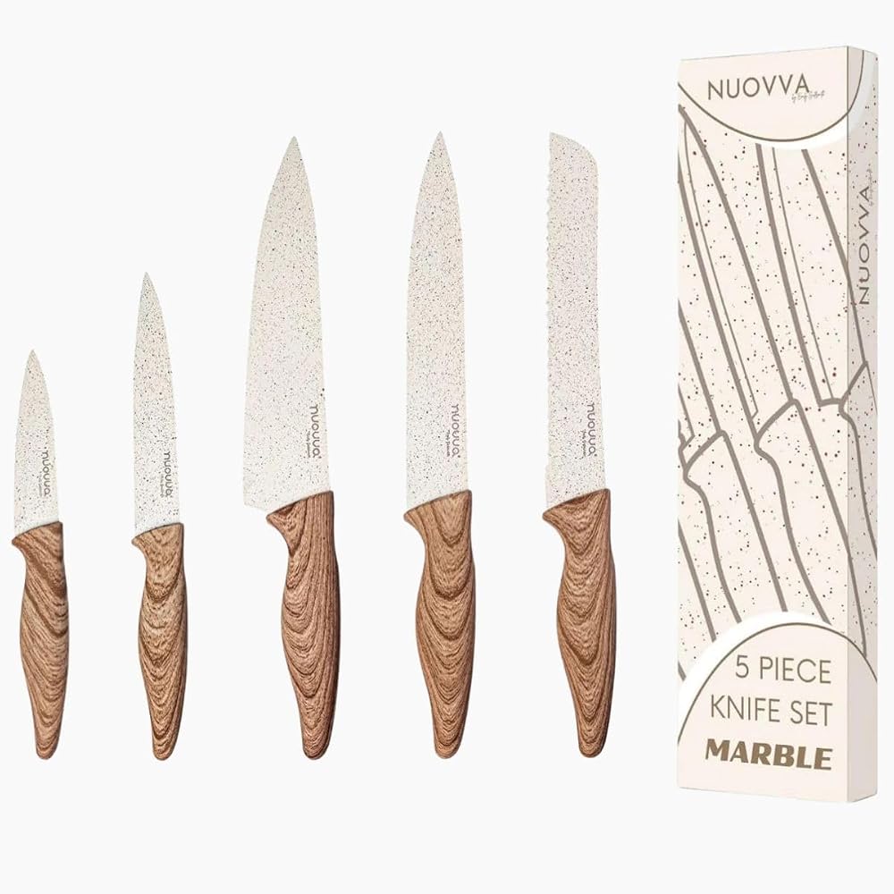 nuovva 5pc Cream Granite Kitchen Knife Set – Stainless Steel Non Stick Blades