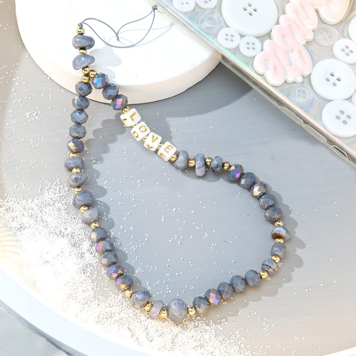 Duories Universal Mobile Phone Chain Beads Mobile Phone Key Chain Lanyard Phone Pendant Rope Colourful Love Crystal Stone Beads Phone Chain Strap for Women, Car Key Chain, 30 cm Grey