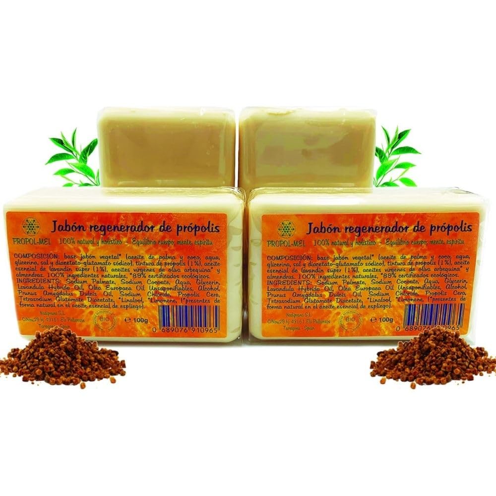 Pack x 4 Propolis soap x 100g each. Organic nourishing, regenerating, moisturizing and antiseptic soap. Handmade soap suitable for all skin types.