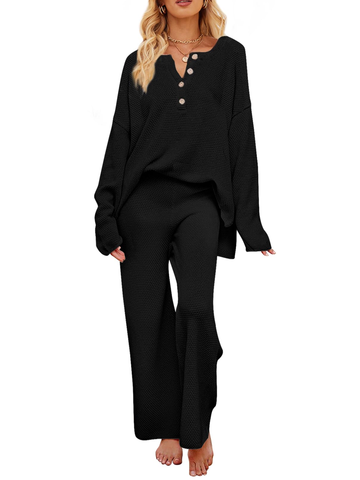 Photo 1 of MEROKEETY Women's 2 Piece Outfit Sets Long Sleeve Button Knit Pullover Sweater and Pants Lounge Sets Black Small