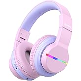 iClever BTH12 Kids Bluetooth Headphones,Colorful LED Lights,74/85dBA Safe Volume,85H Playtime,Bluetooth 5.2,Over Ear Headphones Built-in Mic for iPad/Tablet/Airplane,Blossom Pink