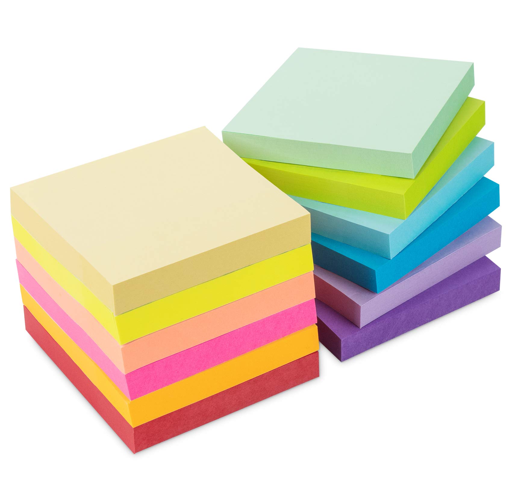 12 Sticky Note Pads 76 x 76 mm / 3"x3" Memo Pads,1200 Sheets Self-Sticky Notes for Post,12 Assorted Bright Colored Notes, Notepads with Strong Adhesion for Home School Office and School