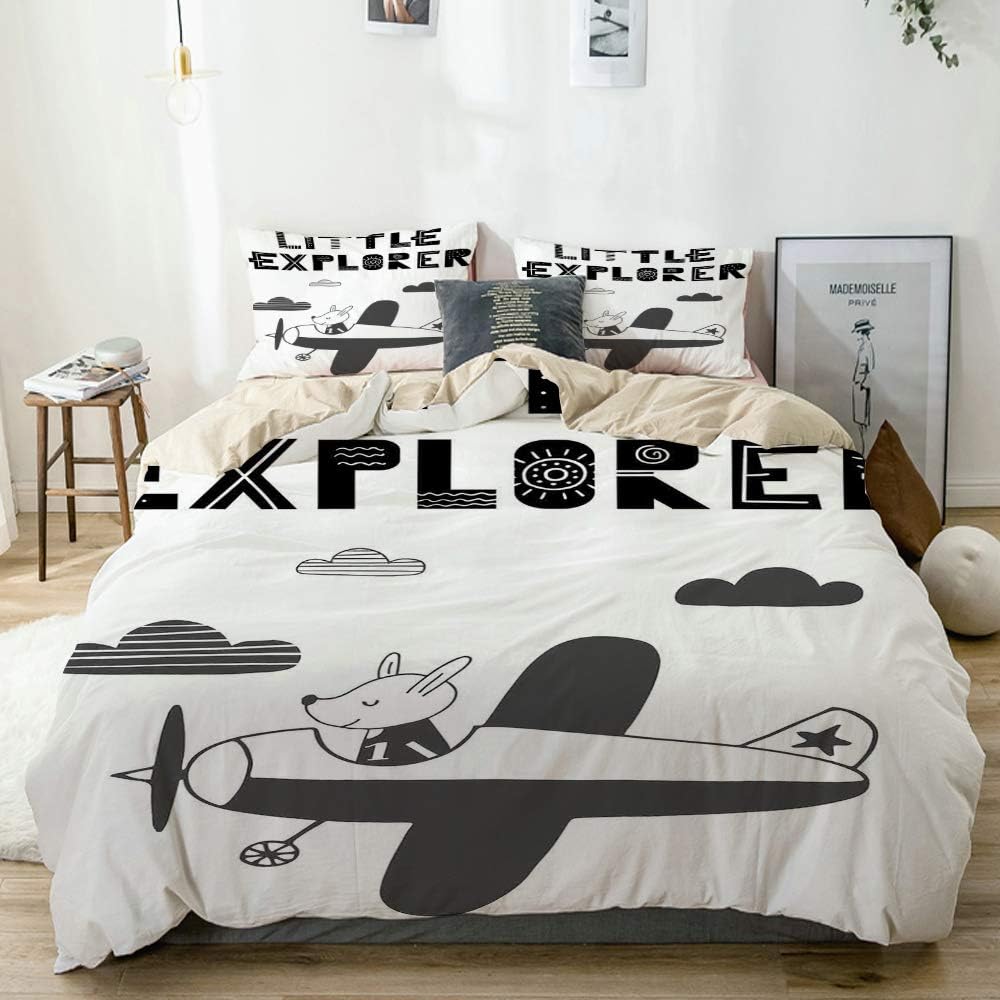 JOSENI Duvet Cover Set Hand Drawn Bunny in a Plane Monochrome Arrangement with Little Explorer Quote Beige Decorative 3 Piece Bedding Set with 2 Pillow Shams Queen Size