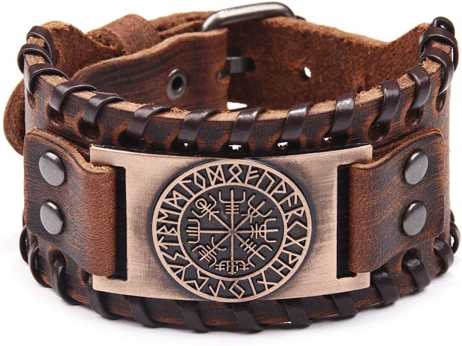 HLARK Viking Vegvisir Campass Wide Cuff Leather Bracelet for Men Women Vintage Nordic Runes Amulet Jewellery