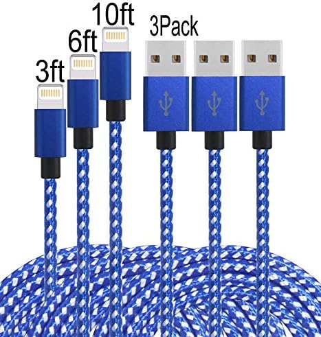 Frieso 3pcs 3FT 6FT 10FT Nylon Braided Charging Cable for iPhone 7, 7 plus, 6s 6 Plus 5s 5c 5,iPhone SE, iPad Pro, Air 2, iPad mini 4 3 2, iPod touch 5th gen / 6th gen / nano 7th gen (Blue white)