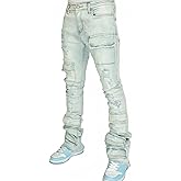 Men's Stacked Jeans Mid Rise Slim Fit Stretch Ripped Cargo Jeans Teen Boys Hip Hop Straight Leg Denim Pants Streetwear