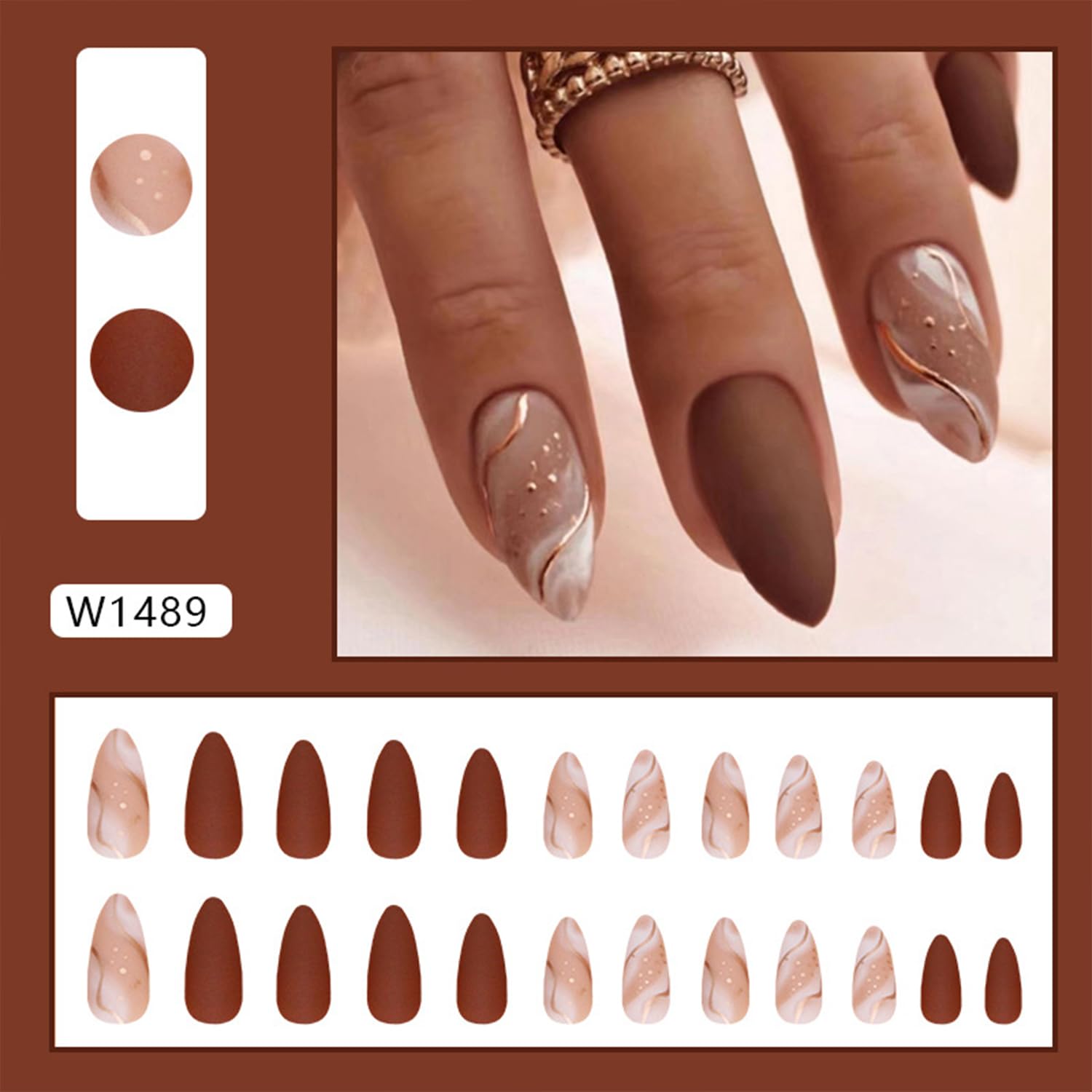 Tyuimhx Medium Press on Nails Almond Fake Nails With Gold Line Designs Brown Matte False Nails Full Cover Stick on Nails Reusable Artificial Nails Glue on Nails for Women Girls Nails Decorations 24Pcs - Image 2