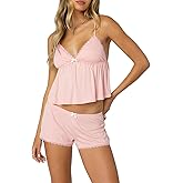 RUEWEY Women's Y2K Lace Pajamas Set 2 Piece Lounge Set Sleeveless V Neck Cami Tops Lace Trim Shorts Sleepwear