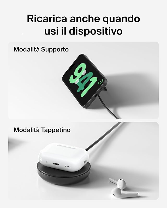 Tappetino di ricarica wireless magnetica 15 W con supporto, caricatore wireless Qi2 compatibile con MagSafe per iPhone 16 Series, Samsung Galaxy S25 Series, AirPods (con alimentatore), nero