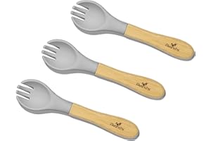 Avanchy Baby Fork Set, Bamboo and Silicone Spork Utensils, Toddler Baby Led Weaning Silverware Cutlery Flatware, Kids First Self Feeding