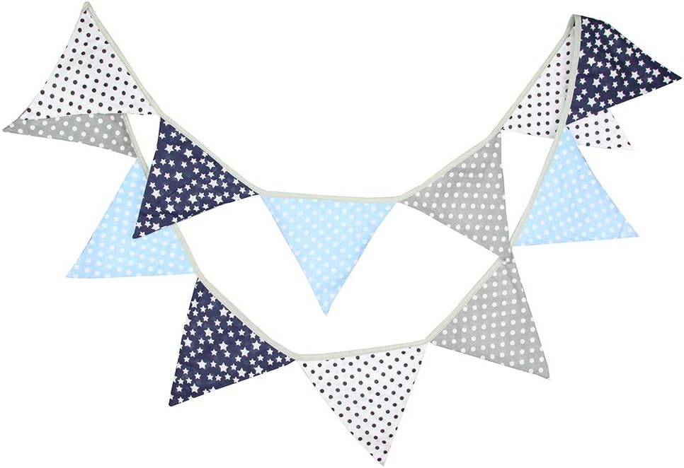 Demiawaking 10ft Fabric Bunting Flags Vintage Stars Dots Outdoor Bunting Banner Pennant Triangle Garland Wedding Birthday Party Bedroom Garden Decoration (Blue+Grey)