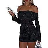 Women Sexy Off Shoulder Bodycon Mini Dress Mesh Sheer Ruched Sparkly Flared Long Sleeve Y2K Dress Club Night Out Dresses