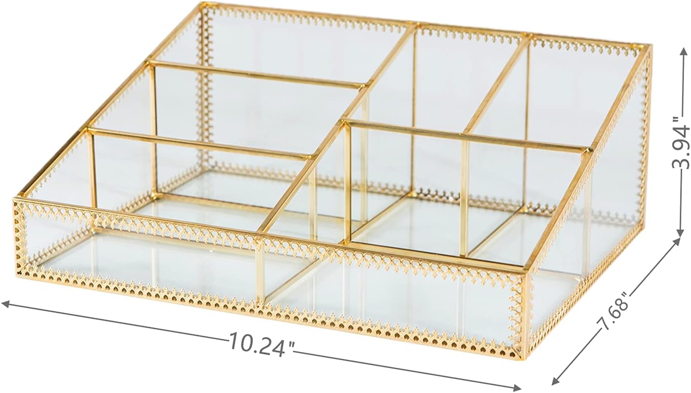 Smart Wyche Large Glass Makeup Organizer Gold Cosmetic Storage Display Case with 6 Compartments for Brushes Lipstick Perfume Concealers, Makeup Holder for Bedroom Bathroom, Easy Visibility - Metal: Home Improvement