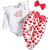 FOCICI Baby Valentines Outfit Girl Newborn Clothes Love Elephant Romper Top + Infant Heart Pants Bow Headband 3pc 0-18 Months