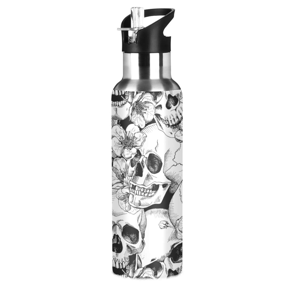 ALAZA Stainless Steel Water Bottle with Straw, Skull And Flower Insulated Drink Flask Sports Water Bottle for Kids Adults, Leakproof, 600ml