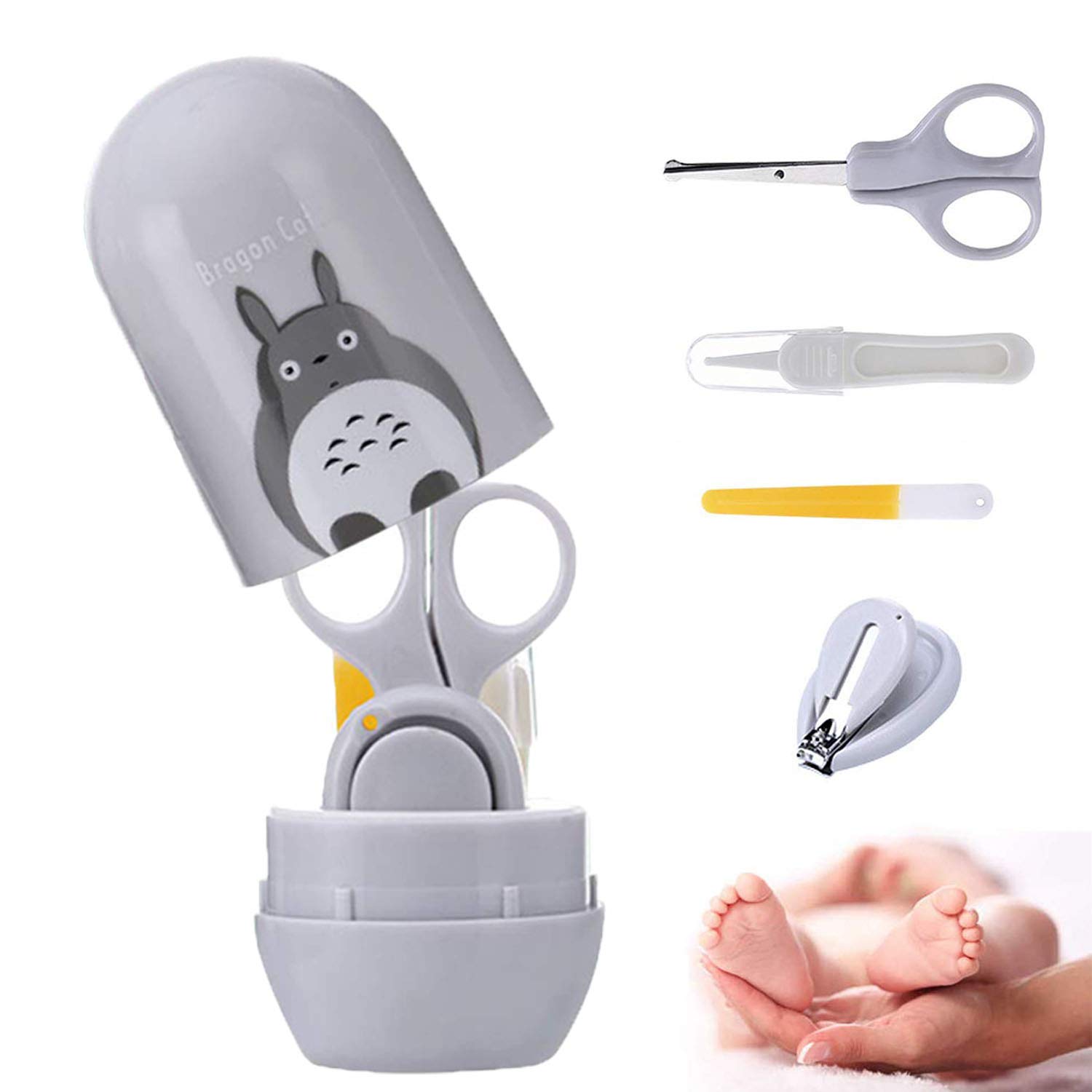 Baby Nail Clippers kit, 4-in-1 Baby Manicure Grooming Set with Cute owl Case, Baby Nail Clippers, Scissor, Nail File & Nasal Tweezers for Newborn Infant Toddler Kids Toes and Fingernails (Gray)