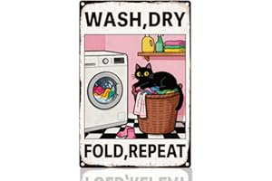 Doodlream Laundry Room Black Cat Tin Sign Retro Metal Wall Decor 20 x 30cm Vintage Wash Dry Fold Repeat Wall Art Poster for H