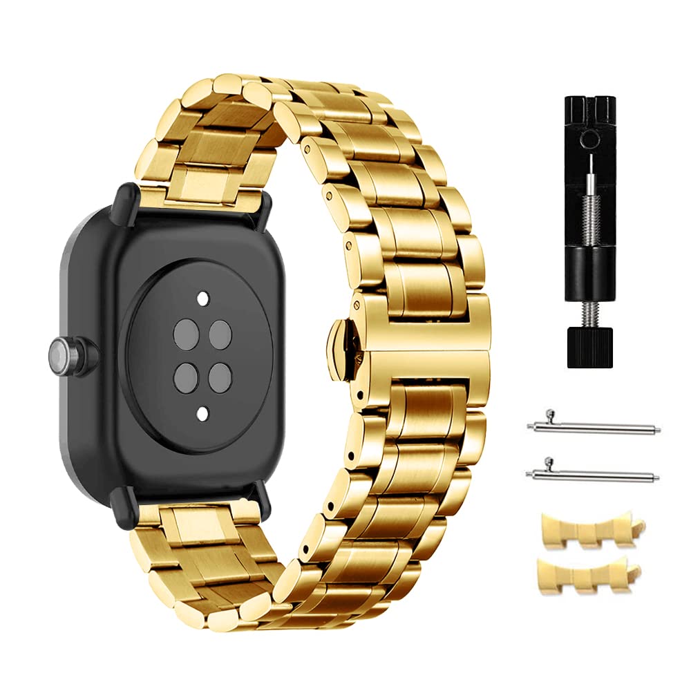 Niboow 20mm Strap for Amazfit GTS 4 Mini/GTS 3/GTS 2 Mini/Bip 3 Pro/Bip S/Bip U Pro/Bip Lite, Metal Stainless Steel Watch Bands for Garmin Venu Sq 2/Venu Sq 2 Music/Venu 2 Plus/Venu Sq Music-Gold