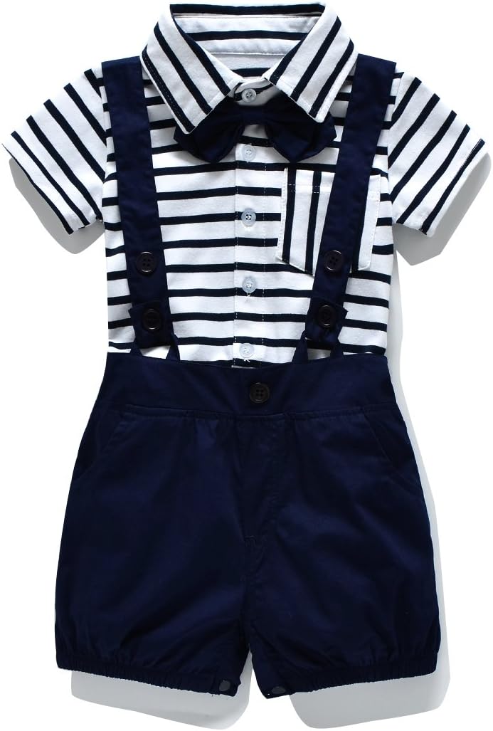 FERENYI Baby Boy's Bowtie Gentleman Romper Jumpsuit Overalls Stripe Rompers Sets (13-18 months, Navy blue)