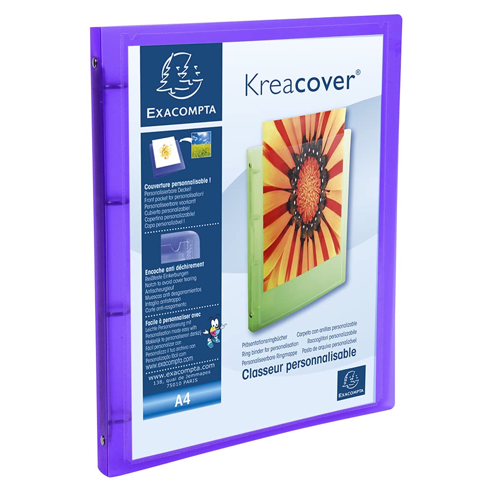 Exacompta - ref. 51969E - 1 customizable flexible PP binder 1 pocket - 4 round rings, 15 mm diameter - External dimensions: 32 x 25 cm - A4 file format - 5 random colors