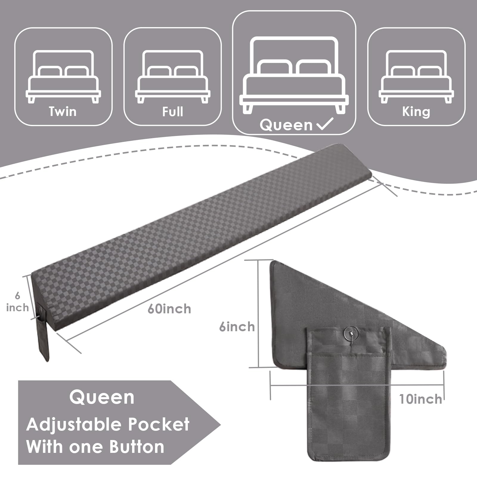 JKMAX Bed Wedge Pillow for Headboard Bed Gap Filler Queen（60"x10"x6