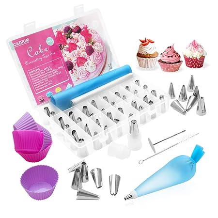 Cadrim Tüllen Set, 70 Teiliges Spritztüllen Set, 48 Spritztüllen Nummerierte Aufsätze 2 Spritzbeutel, 2 Spritztüllenadapter, 