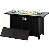 45 Inch Propane Fire Pit Table, 50,000 BTU Outdoor Gas Fire Pit for Patio &amp; Backyard, 2-in-1 Firepit Dining Table with Glass Wind Guard, Blue Glass Rocks &amp; Waterproof Cover