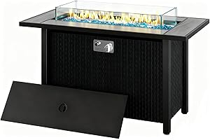 JAMFLY 45 Inch Propane Fire Pit Table, 50,000 BTU Outdoor Gas Firepit Table for Outside Patio, Glass Wind Guard, Blue Glass Rocks,Waterproof Cover, Grey