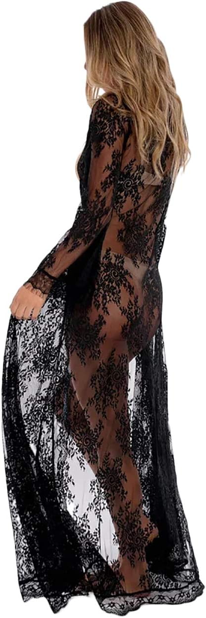 Women Sexy Long Lace Dress Sheer Gown See Through Lingerie Kimono Robe Swimsuit Cover Up