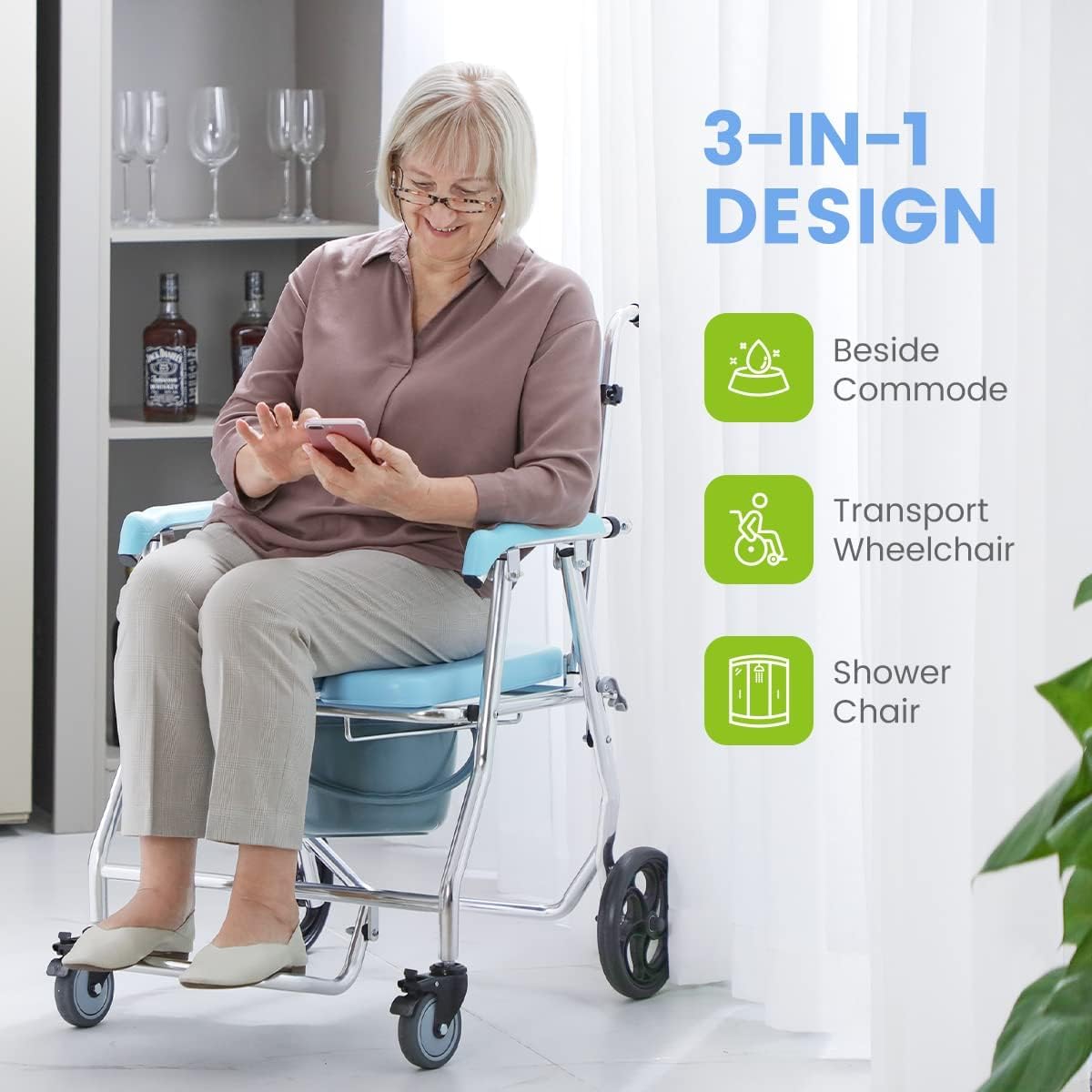 OasisSpace Folding Shower Commode Wheelchair - 300lbs Bedside Commode with Padded Seat, Waterproof Rolling Shower Chair with Arms and Backrest, Shower Chair with Wheels (FSA or HSA Eligible)