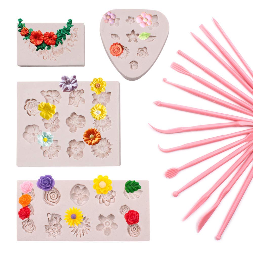 SNAILGARDEN 18 Pcs Cake Silicone Baking Molds Set,4 Pcs Silicone Moulds & 14 Pcs Cake Modeling Tools for Jelly Sugar Candy Chocolate Fondant Cake Decoration