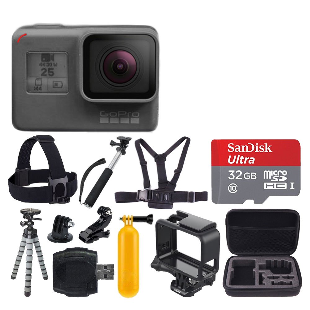 GoPro HERO5 Black + SanDisk Ultra 32GB Micro SDHC Memory Card + Hard Case + Chest Strap Mount - Head Strap Mount + Flexible Tripod + Extendable Monopod + Floating Handle - Great Value Bundle