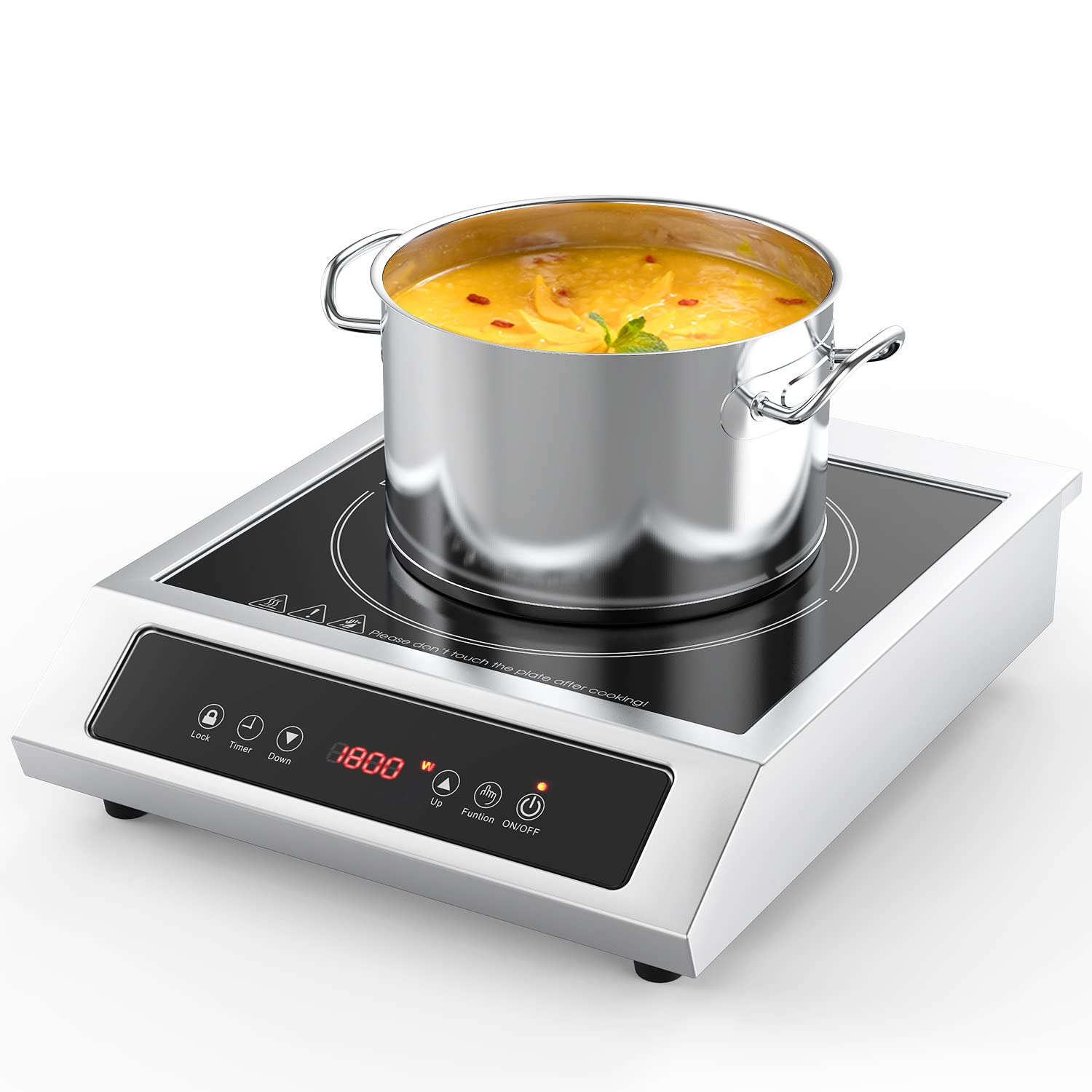 1800W Professional Commercial Induction Cooktop: 120V Stainless Steel Countertop Burner for RV, Small Restaurant, Catering Kitchen - Portable Hot Plate with 3-Hour Timer, Touch Panel