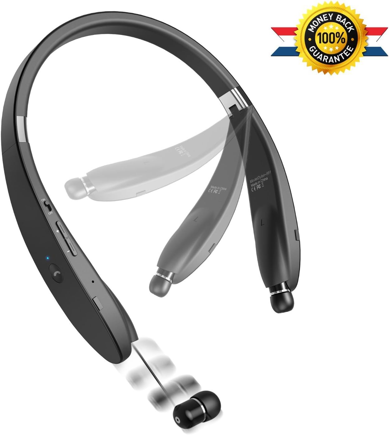 Dylan Sport Wireless Portable Recoil Headphones For Phone Headphones Running Compatible with iPhone 6 6Plus 5S 5C 5 4S, Galaxy Note 3 2 S5 S4 and Google Blackberry LG other Smartphones (Black)