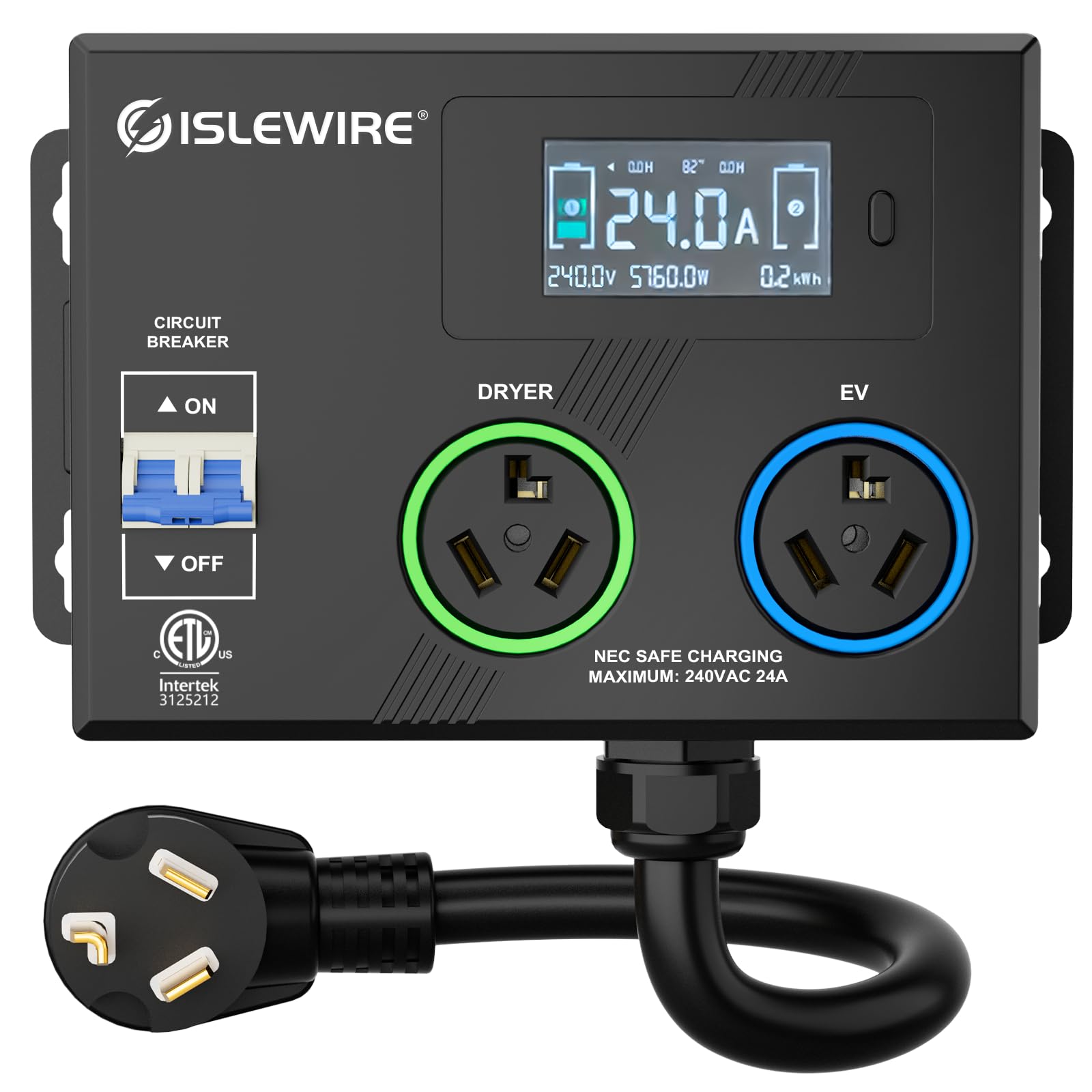 Photo 1 of islewire Smart Dryer Splitter for EV and Dryer, 240V Auto Power Switch for Dryer Outlet, 3-Color LED Ring, 3.4 in LCD Display, No Rewiring Needed, ETL Certified (24 Amp, NEMA 10-30)