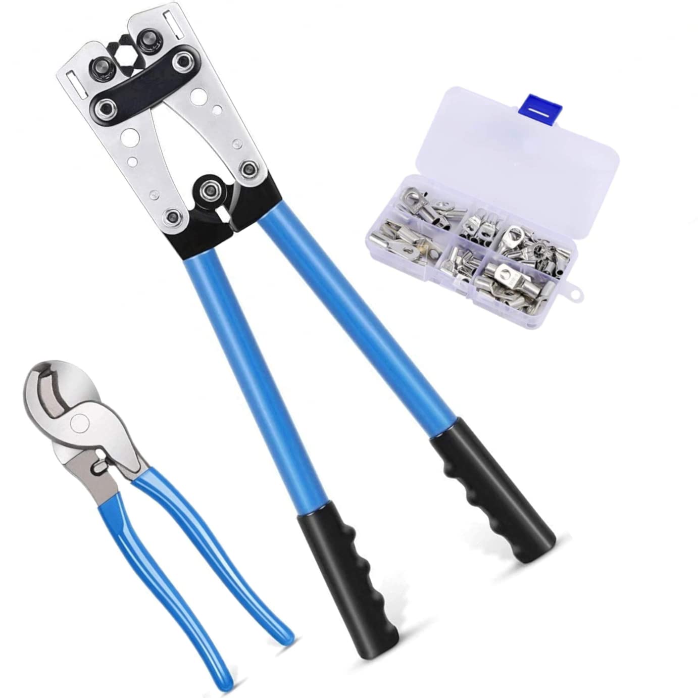 TOPWAY Wire Terminal Crimping Tool 6-50mm² with 240mm Cable Cutter and 60PCs Wire Terminals Kit, CU AL Terminal Cable Lug Crimper Hand Electrician Tool 10, 8, 6, 4, 2, 1/0 AWG Settings