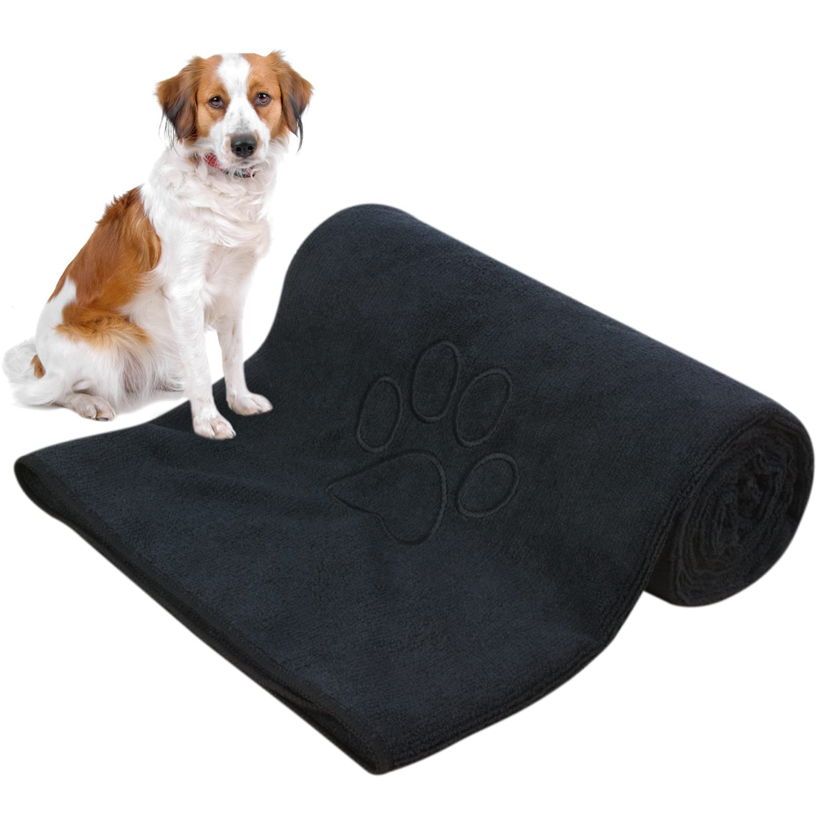 KinHwa Microfibre Dog Towels Large 127cm x 76cm Super Absorbent and Quick Dry Pet Towels for Bath Dogs Cats with Embroidered Paw Print Black
