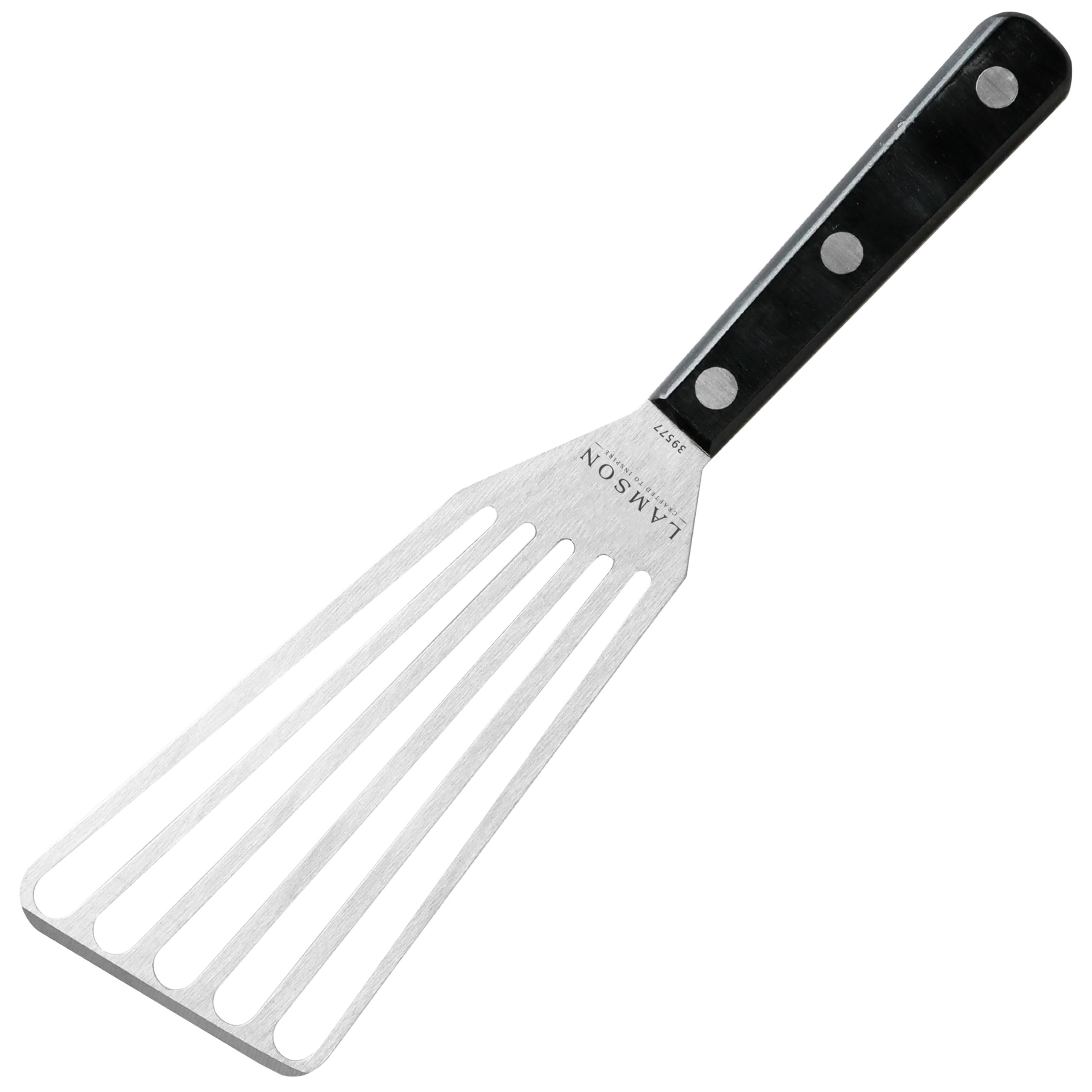 Photo 1 of Lamson 3" x 6" Chef's Slotted Turner with Noir Ultra Durable Handle - Right Hand