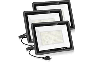 YANYCN 3 Pack 150W LED Flood Light Outdoor,Super Bright Exterior Security Light with Plug,IP66 Waterproof Flood Light, 15500LM 5000K Daylight White Floodlight for Yard, Garden,Basketball Court, Arena