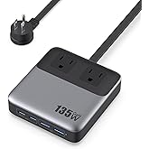 135W Charging Station USB C Power Strip,6-in-1 GaN USB C Charger Block with Plug &5ft Cord,2 AC,2 USB-A,2 USB-C,PD 65W Laptop Charger for MacBook,iPhone 16/15/14,Desktop Fast Charging for Home,Office