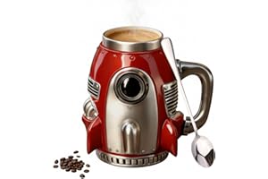 Rocket Coffee Mug with Spoon - 15oz 3D Spaceship Resin Tea Cup with Space Office Theme Handle, Cool A Decor, Unique