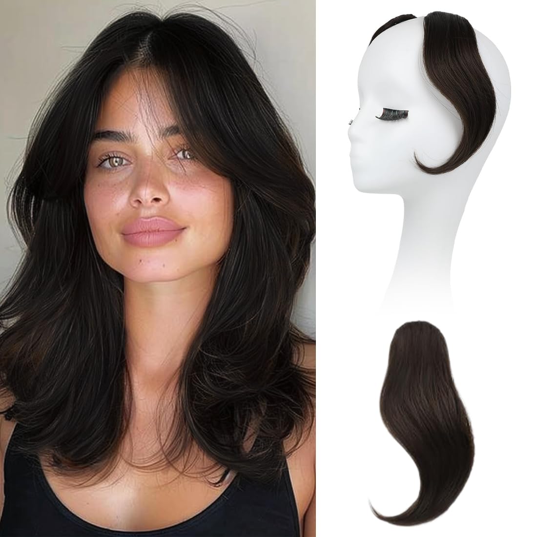 Side Bangs Clip in Bangs, 2Pcs Clip On Bangs for Women, Hair Clip in Bangs Fringe Natural Look, Fake Bangs Fringe Hair Extensions for Daily Wear(Brown Black)