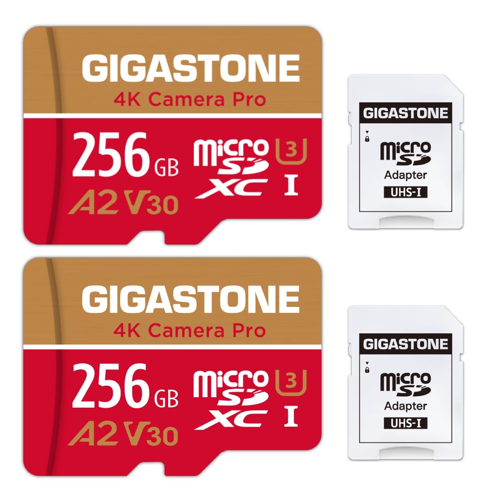 [5 Years Free Data Recovery] Gigastone 256GB Memory Card 2 Pack 4K Pro Camera Compatible with GoPro Switch, Speed 100MB/s. A2 U3 V30 Micro SDXC Card with SD Adapter.