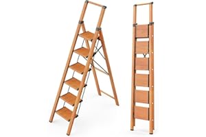 GameGem 6 Step Ladder, Aluminum Folding Step Stool with Anti-Slip Sturdy and Wide Pedal, Portable Lightweight Stepladder with Convenient Handgrip for Home, Office, Kitchen, 330 lbs Capacity(Woodgrain)
