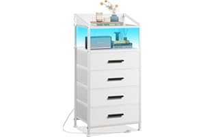 EKNKOZY Nightstand 4 Drawer Dresser with LED Lights and Charging Station, Vertical Side Table with Fabric Drawers, End Table with Open Shelf, Tall Dresser for Bedroom, Hallway, Entryway, White