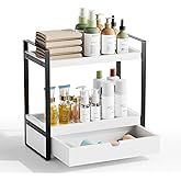 Boulphia 2-Tier Bathroom Organizer Countertop with Drawer, Wood Bathroom Counter Shelf for Storage, Vanity Organizer Countertop for Kitchen, Office