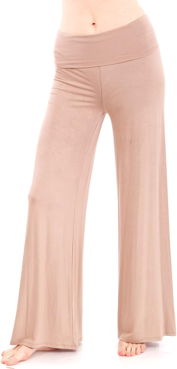 Mocha Ladies Wide Leg Yoga Pants Fold Over Stretch Waist